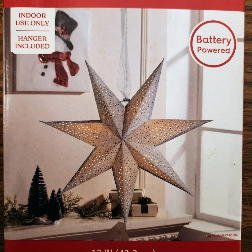 NEW Light Up Battery Operated Flocked Star Christmas Hanging Decoration Decor Ho